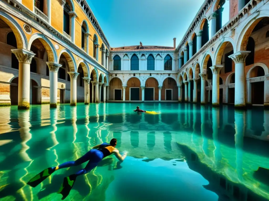 Patrimonio cultural sumergido Venecia: Palacio veneciano sumergido con peces entre columnas y esculturas, iluminado por luz solar filtrada