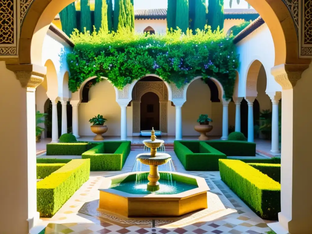 Jardín andalusí con patrones geométricos, fuente central y Alhambra al fondo