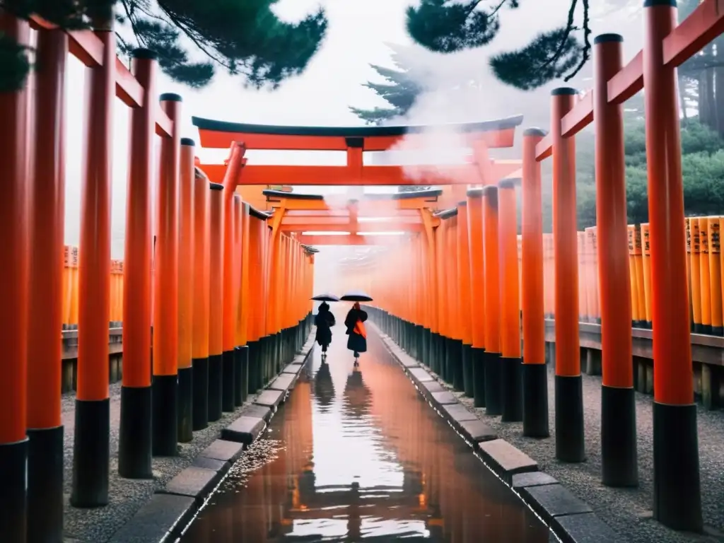 Peregrinaciones Budistas Tradición Japonesa: Sendero de torii rojos en Fushimi Inari Taisha, Kyoto, envuelto en neblina y misticismo