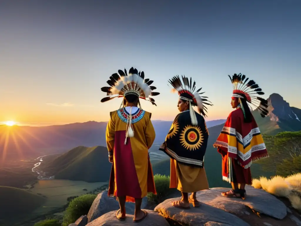 Peregrinaciones espirituales pueblos originarios realizando ceremonia en la cima de la montaña al atardecer