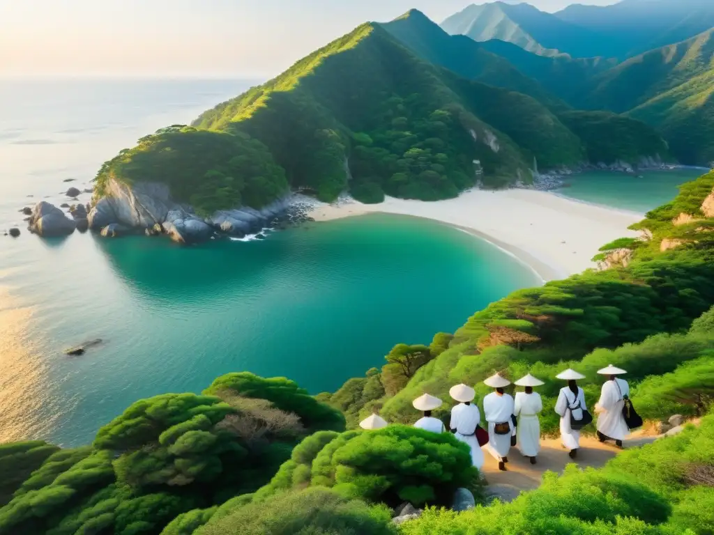 Peregrinos caminando por la costa escénica de Shikoku, Japón al atardecer, con un ambiente espiritual y cultural