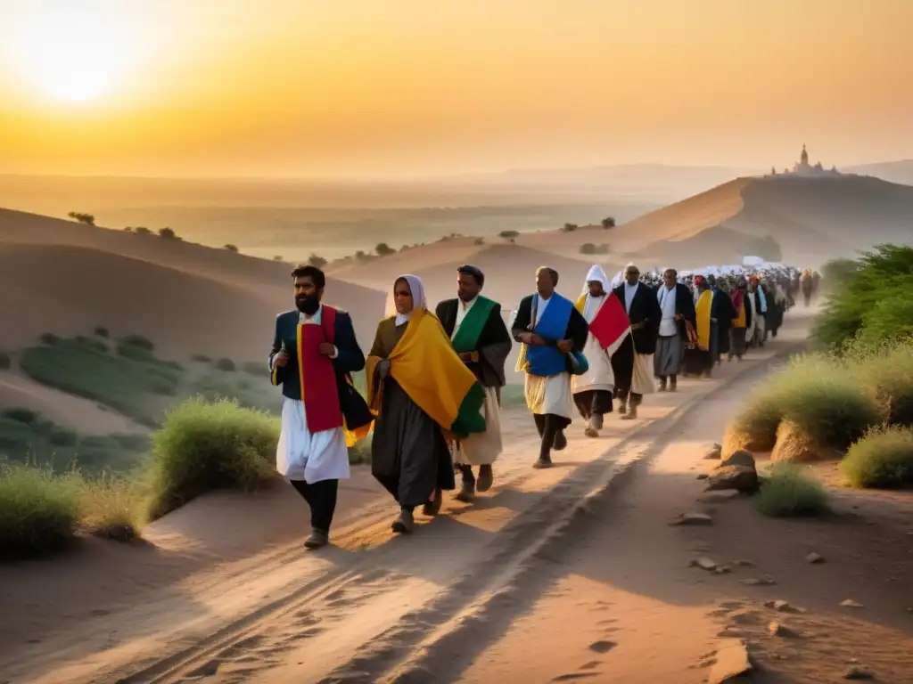 Peregrinos cantando y llevando pancartas coloridas, camino polvoriento con atardecer cálido