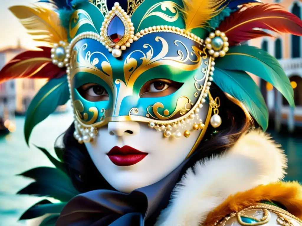 Persona con máscara veneciana en Carnaval de Venecia, deslumbrante y misteriosa