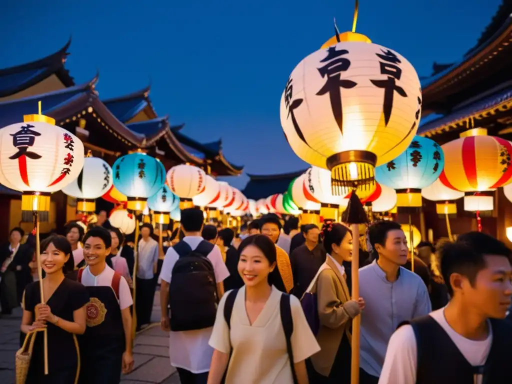 Procesión luminosa Oeshiki Nichiren: Personas llevan linternas por la noche, iluminando caras y calles con atmósfera reverente