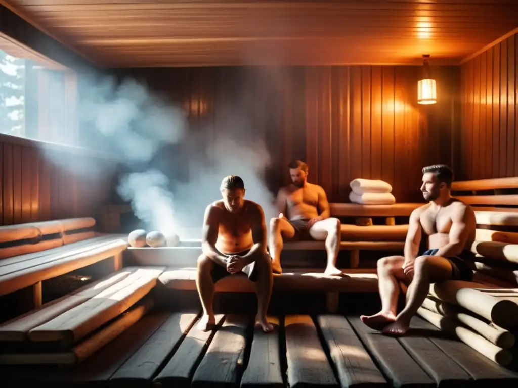 Personas disfrutan de la tradición saludable de la sauna siberiana, rodeadas de un ambiente rústico y relajante con vapor y calor de la fogata