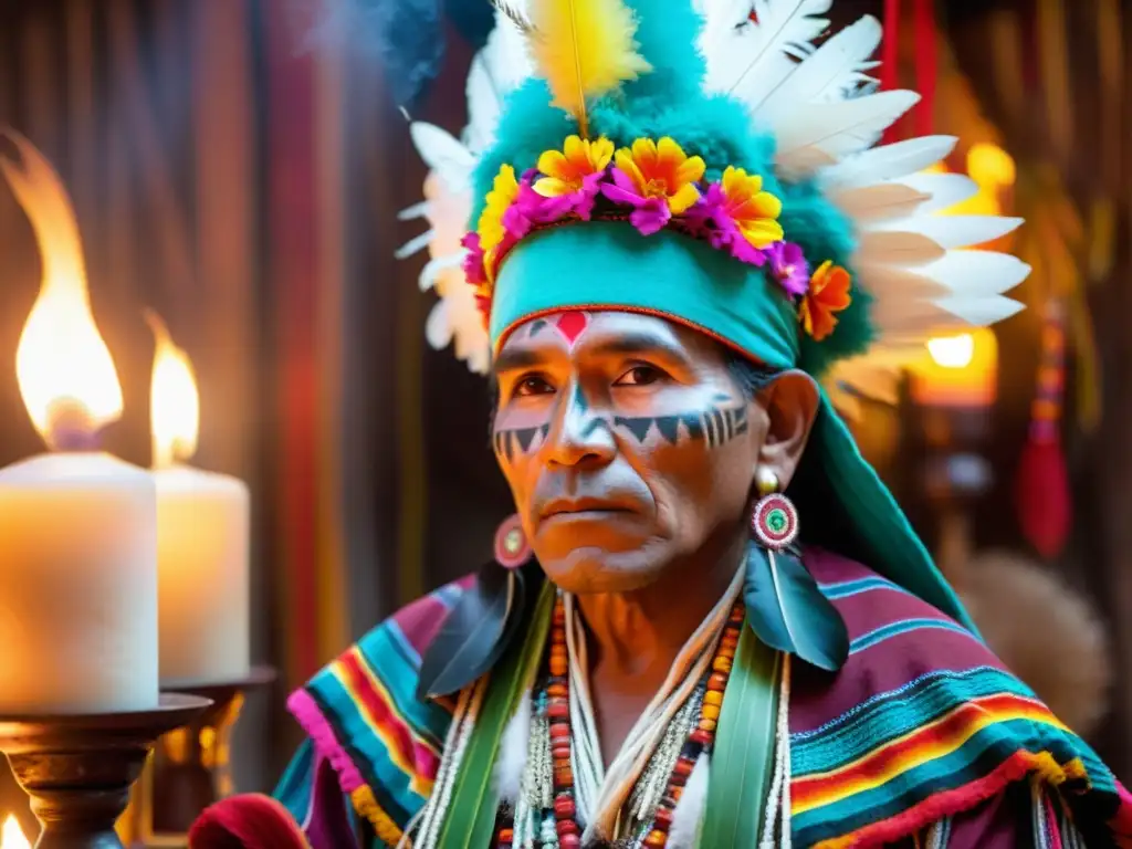 Shamán peruano en ritual ancestral, rodeado de velas, incienso y ofrendas, invocando la diversidad cultural en La Candelaria en Puno, Perú