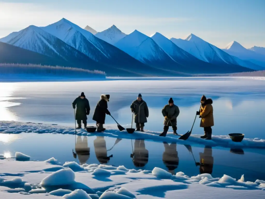 Pesca en hielo tradicional en Siberia: pescadores indígenas Yakutianos perforando el hielo con augers en un escenario nevado al amanecer