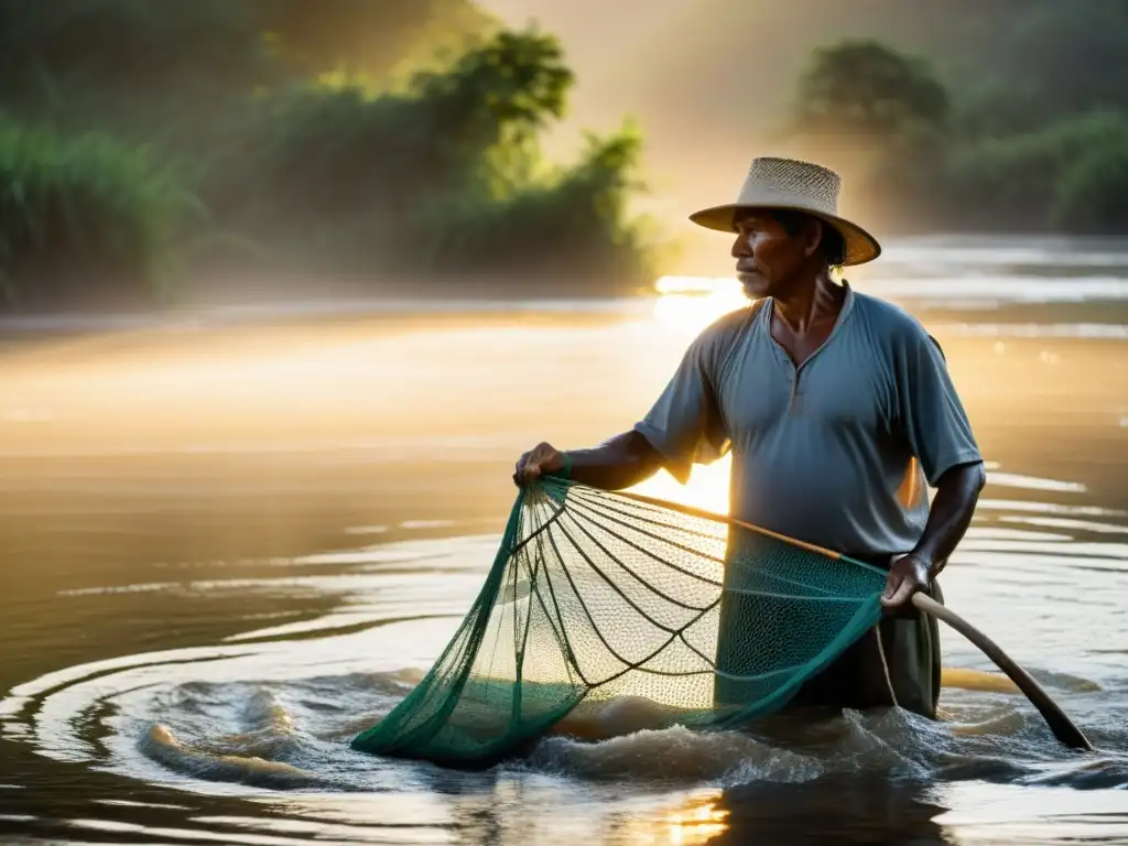 Un pescador indígena en un río, lanzando una red hecha a mano al amanecer