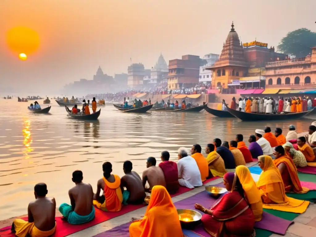 Pilgrims realizan rituales matutinos en el bullicioso ghat del sagrado Río Ganges, Varanasi, India