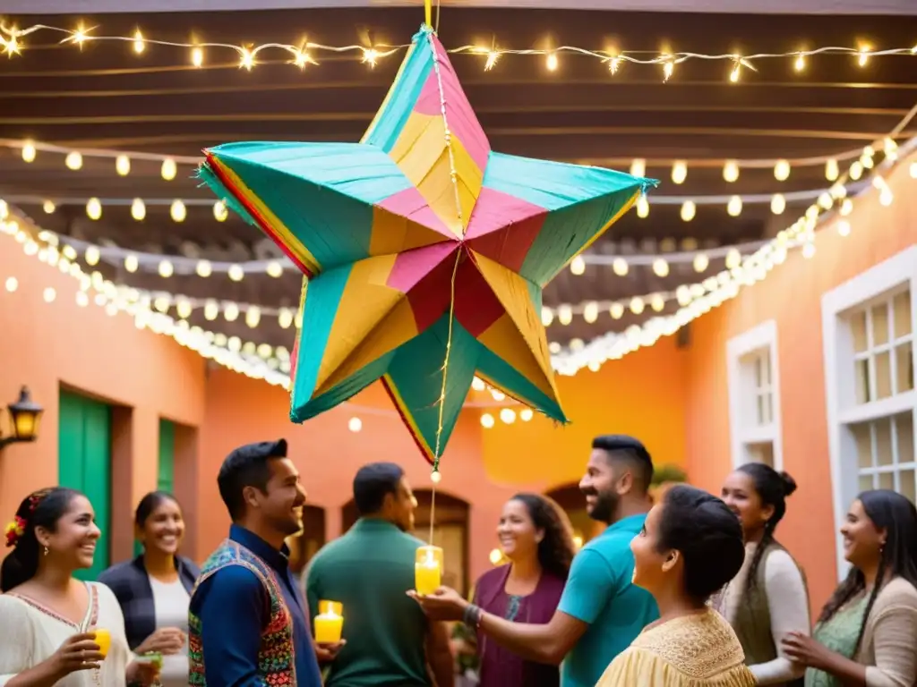 Piñata mexicana de estrella en posada navideña, colores vibrantes y alegría