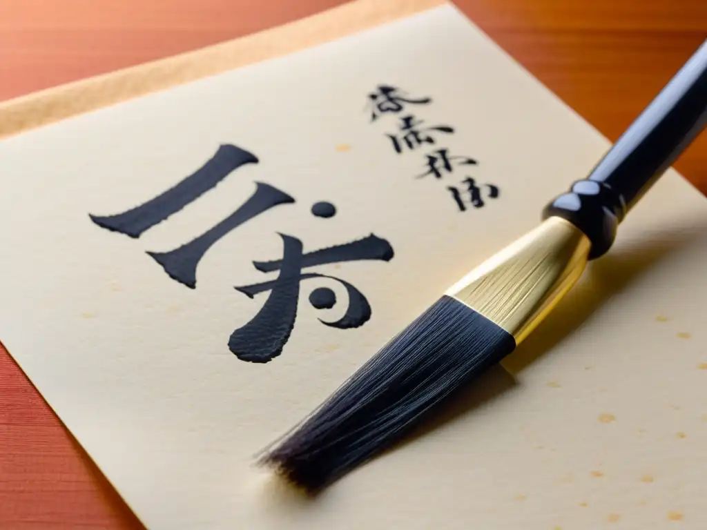 Un pincel de caligrafía japonés escribe 'modernización' en kanji sobre papel washi, capturando la esencia de un arte atemporal en evolución