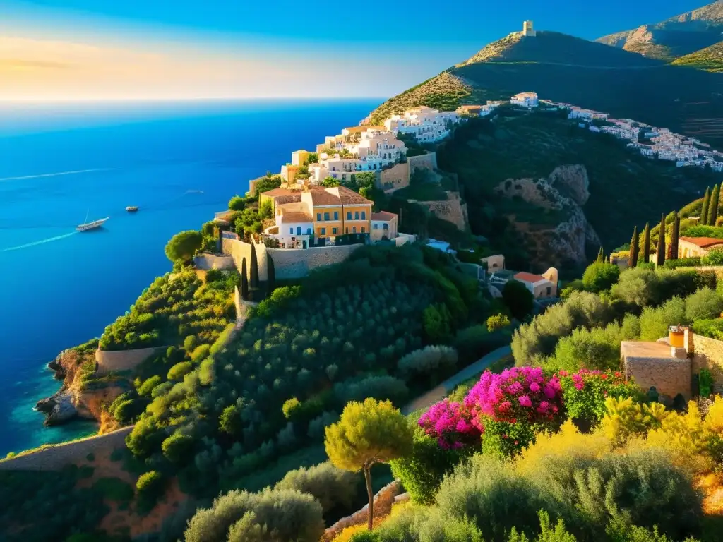 Una pintoresca aldea mediterránea en la ladera con terracota y olivos, bañada por la cálida luz dorada