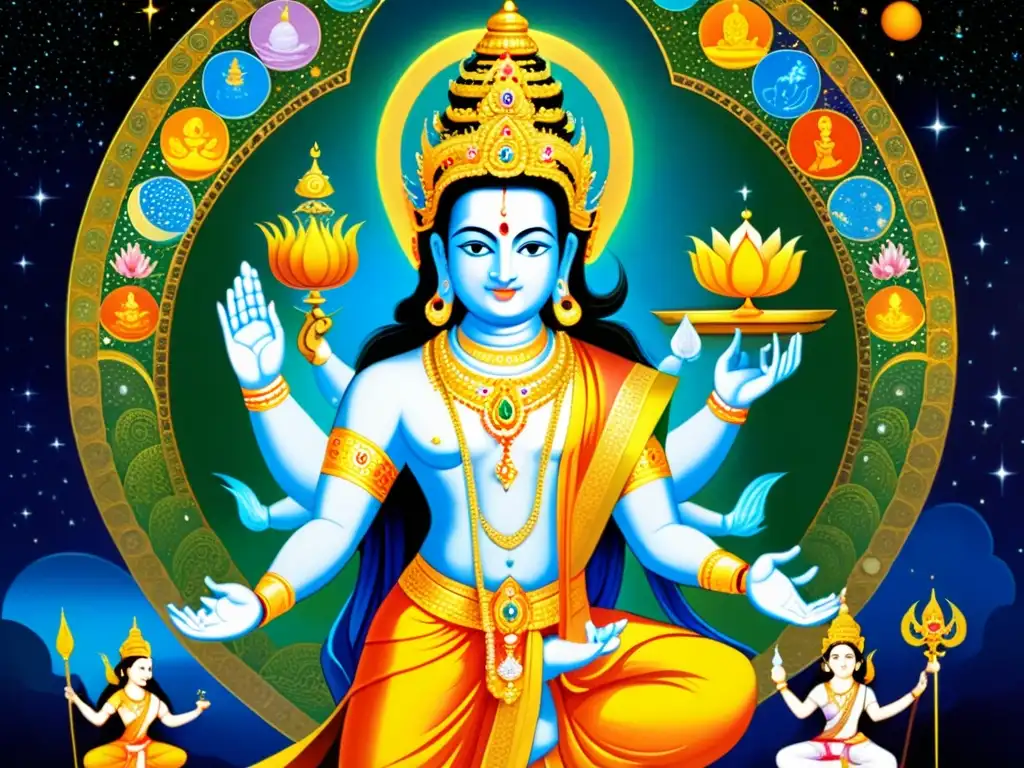 Una pintura detallada de los diez avatares de Vishnu, con colores vibrantes y elementos cósmicos, evocando su significado espiritual