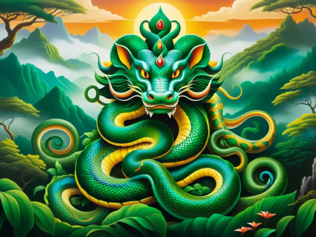 Una pintura detallada de los Nagas en la mitología hindú: serpientes entrelazadas con escamas vibrantes y ojos radiantes, en un paisaje místico