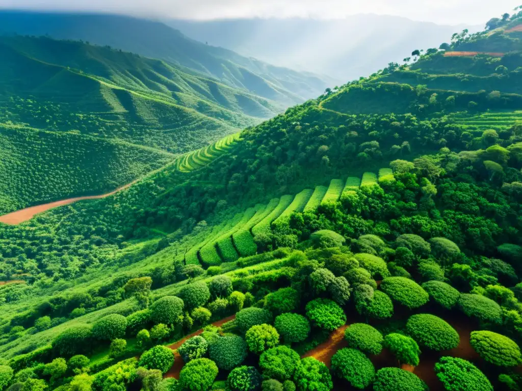 Plantaciones de café en las colinas de Etiopía, reflejando el impacto cultural global del café con su belleza natural y tradición ancestral