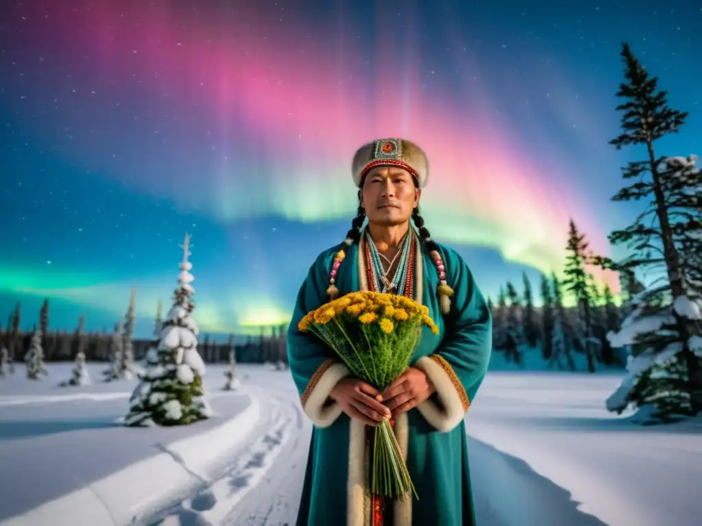 Chamán en bosque nevado de Siberia con plantas sagradas rituales, aurora boreal y naturaleza mística