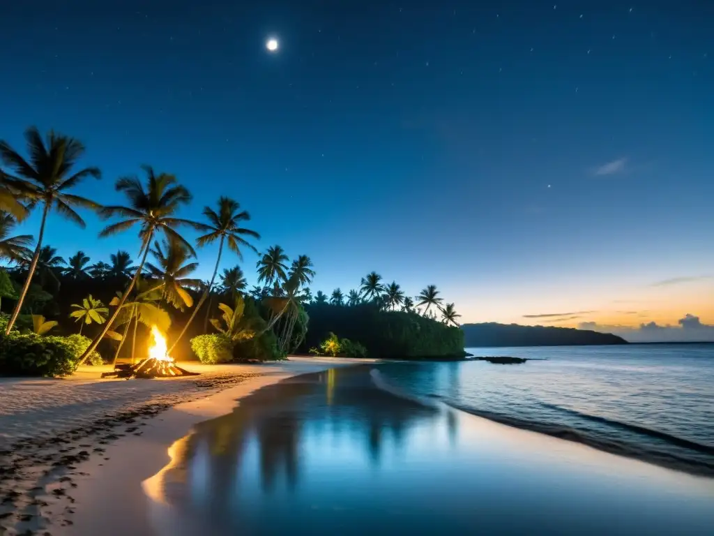 Una playa tranquila en Micronesia durante la noche de luna llena