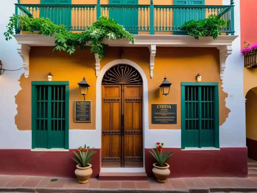 Posada histórica en cálida luz del sol, con arquitectura centenaria, detalles intrincados y encantadora entrada adornada con flores