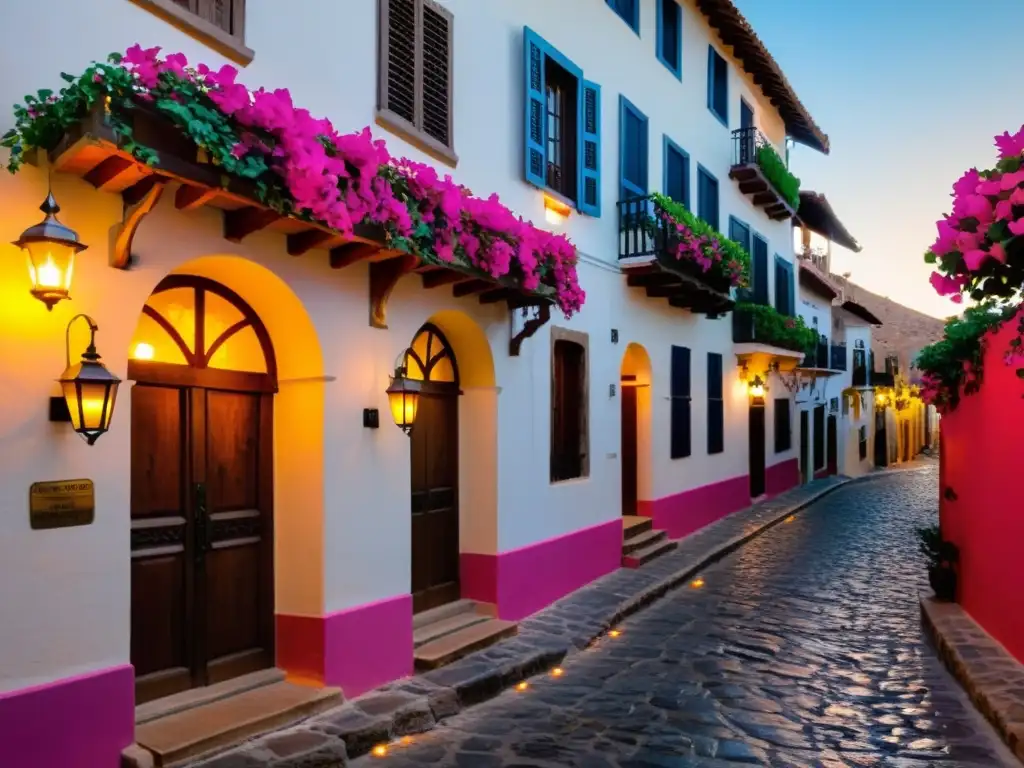 Posada histórica en calle empedrada con bougainvillea y faroles antiguos, evocando encanto de posadas históricas mundo