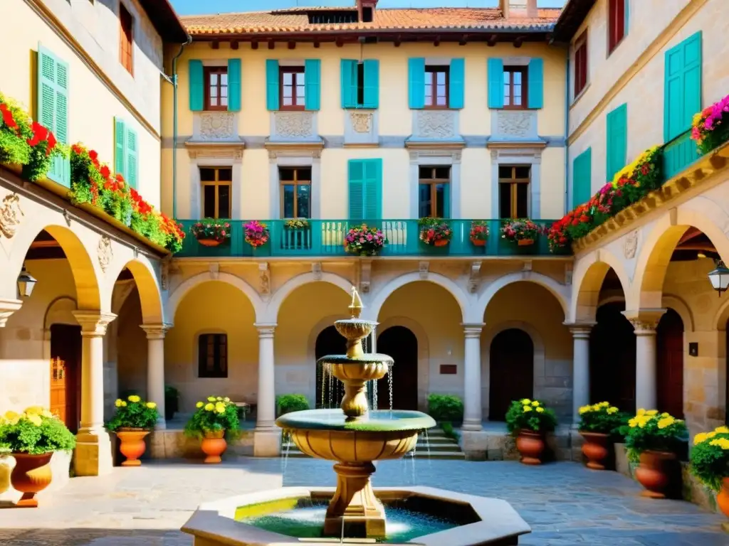 Courtyard de Posada dos Reis Católicos en Santiago de Compostela, España, con arquitectura histórica y visitantes admirando la belleza medieval