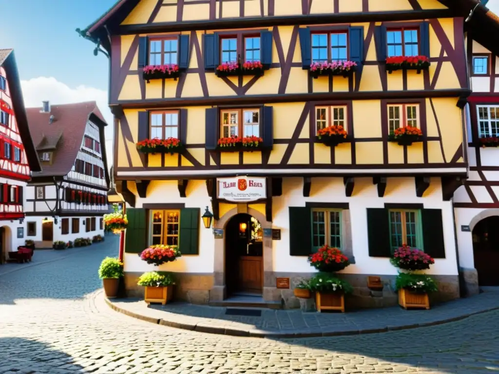 Posadas históricas mundo: Fachada detallada de Zum Roten Bären, la posada más antigua de Alemania, con flores, letrero histórico y calle empedrada