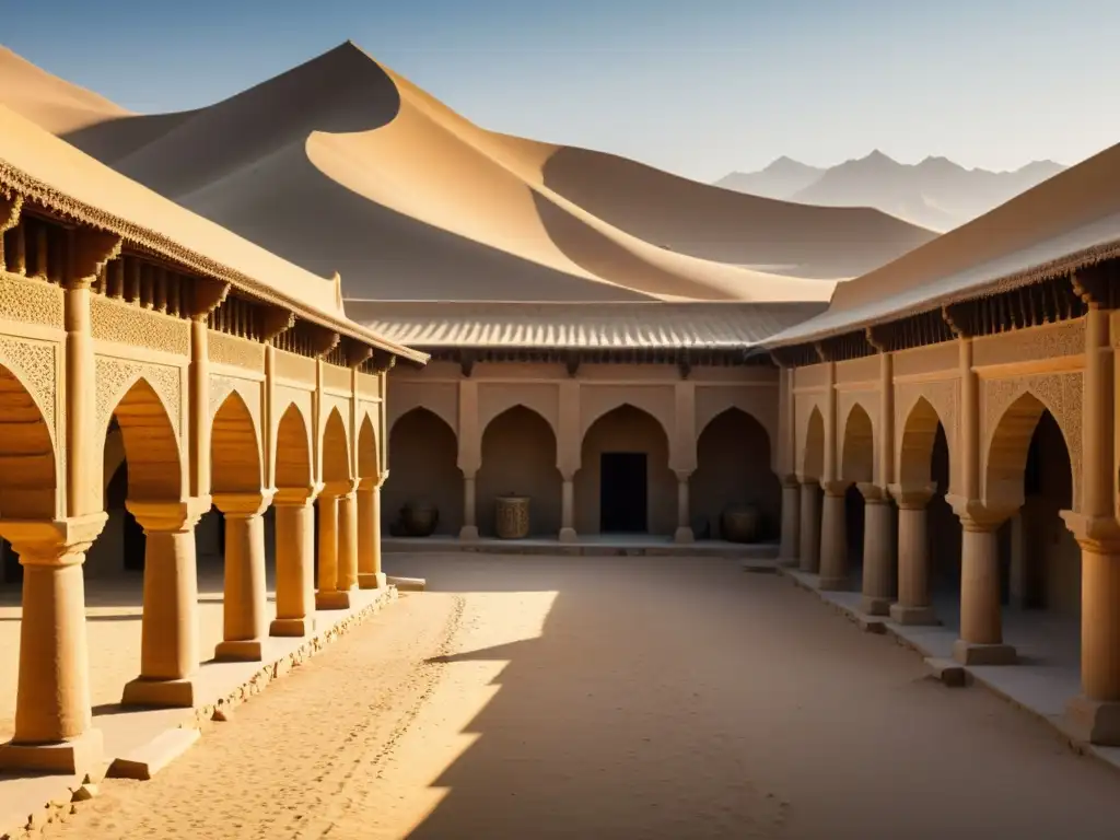 Posadas en la Ruta de la Seda: Una caravanserai antigua con detalles tallados, comerciantes y viajeros descansando en un paisaje desértico