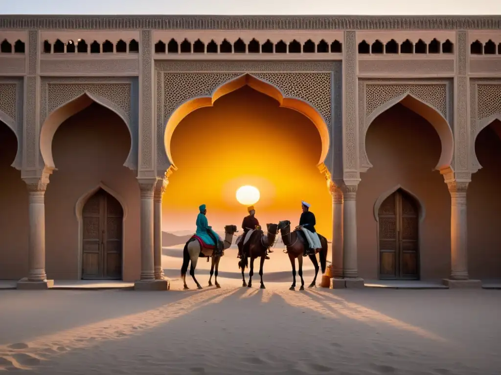 Posadas en la Ruta de la Seda: Detalle de caravanserai al atardecer en el desierto, con arcos tallados y linternas iluminando el patio