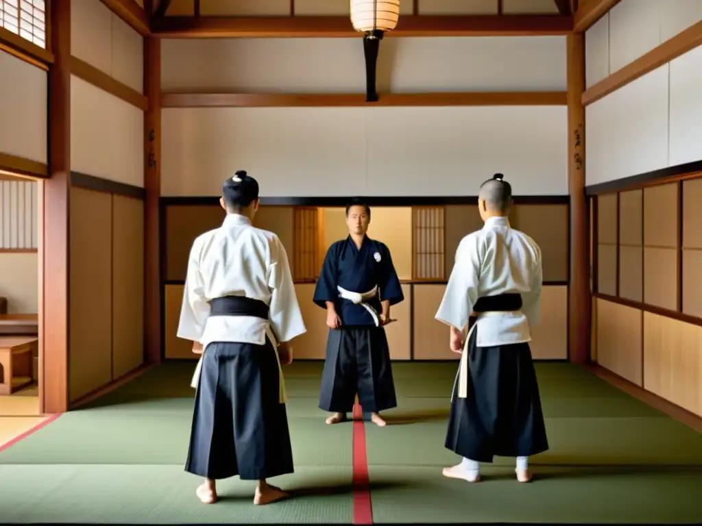 Practicantes de Aikido en el antiguo dojo japonés, capturando la esencia del arte samurái en un ambiente sereno y enfocado