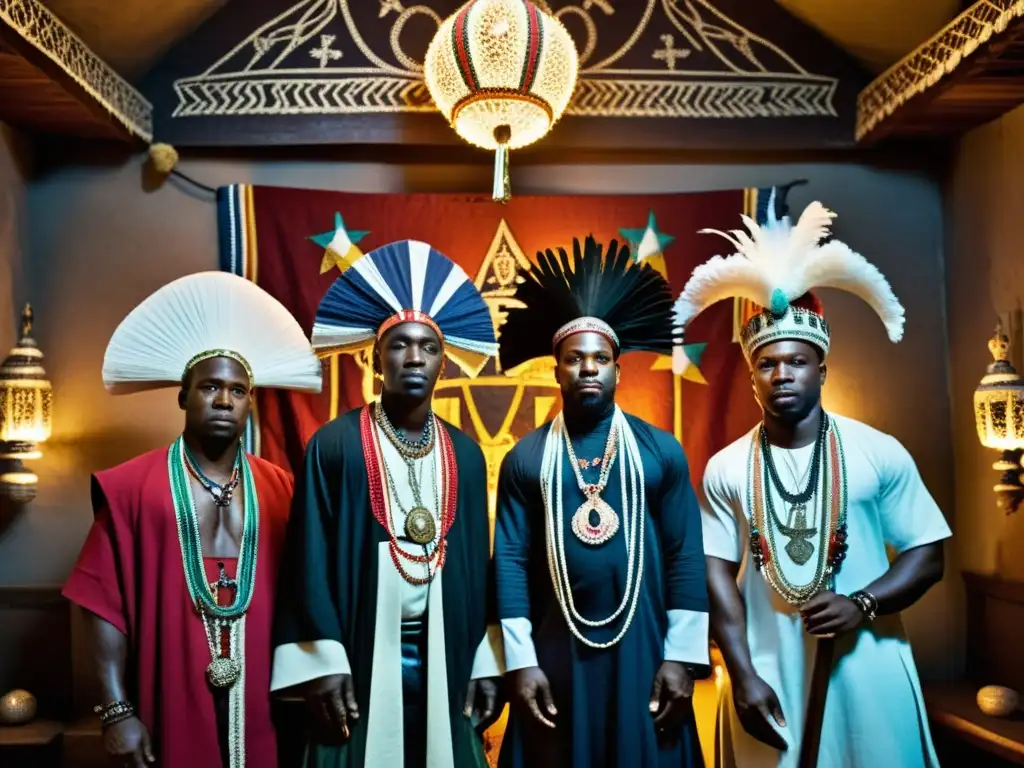 Practicantes vudú haitianos en trajes ceremoniales, evocando simbolismo en el templo