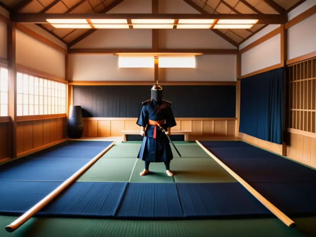 Practicantes de kendo en un dojo tradicional, con elementos modernos y tradicionales, reflejando la adaptación del Kendo a nuevas tradiciones