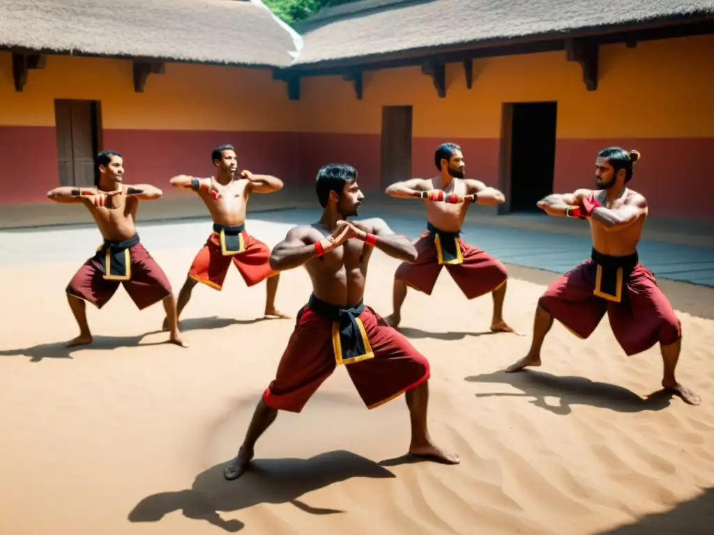 Practicantes de Kalaripayattu ejecutan movimientos dinámicos y precisos en un patio soleado, reflejando la filosofía y técnicas de Kalaripayattu