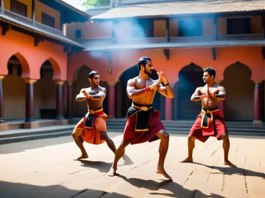 Practicantes de Kalaripayattu ejecutan movimientos en un patio soleado