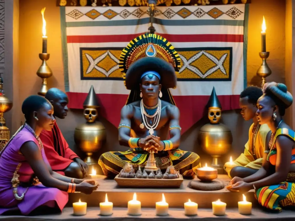 Practicantes de vudú realizan un ritual sagrado en Benín con vestimenta tradicional frente a un altar ornamentado