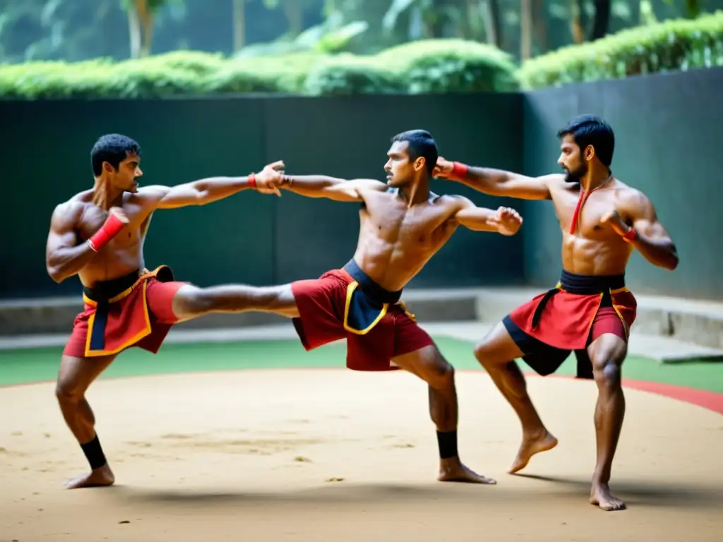 Practicantes de Kalaripayattu exhiben técnicas de combate en un escenario tradicional