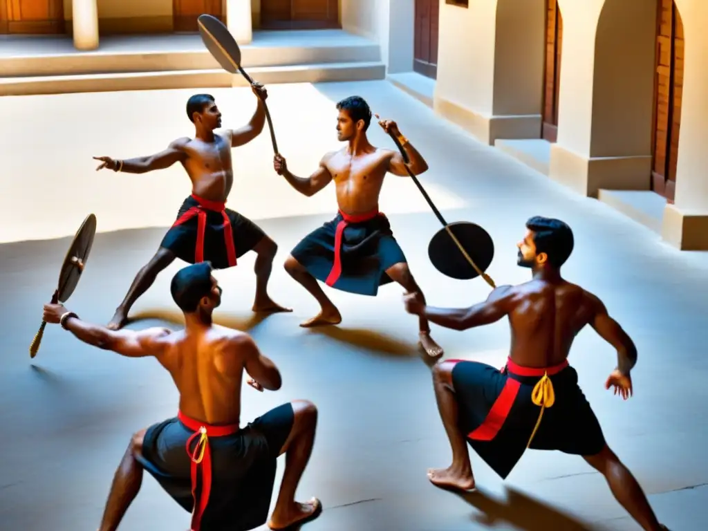 Practicantes de Kalaripayattu ejecutan técnicas de espada y escudo bajo el sol, destacando la filosofía y técnicas de Kalaripayattu en un entorno histórico y cultural