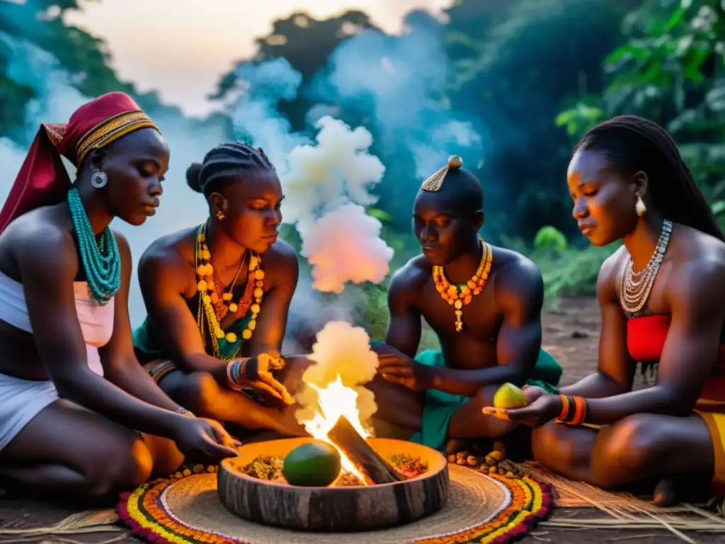 Practicantes de Vodun en Benín y Togo realizan un ritual en el bosque sagrado al anochecer