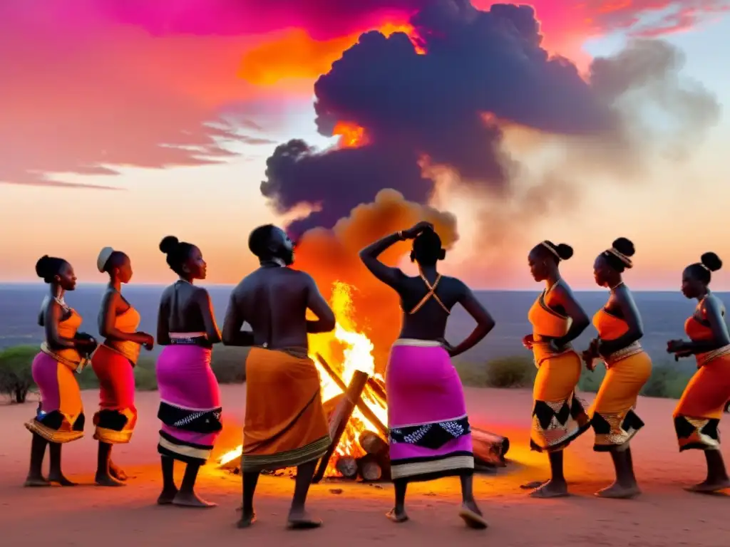 Prácticas conmemorativas en África Francófona: Grupo ritual alrededor de fogata en atuendos tradicionales, danza ceremonial al atardecer