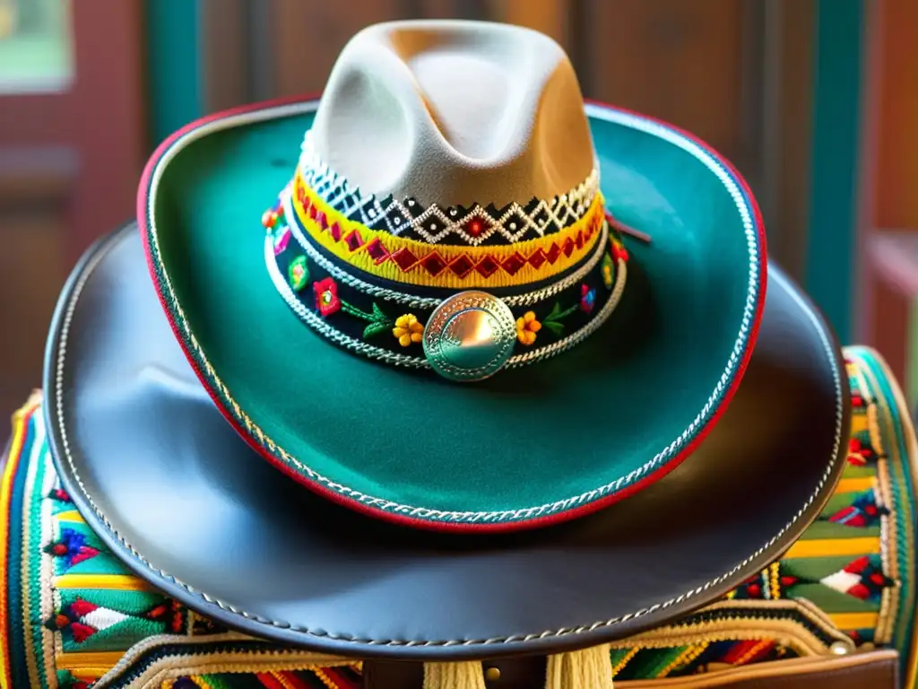 Un primer plano de un traje de charro mexicano tradicional, con bordados intrincados, colores vibrantes y detalles elaborados