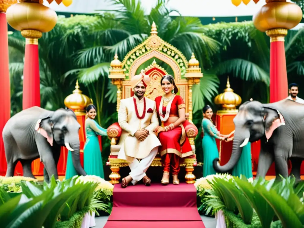 Una procesión de boda india vibrante y detallada en Singapur, con elefantes decorados, ropa tradicional colorida y joyas doradas