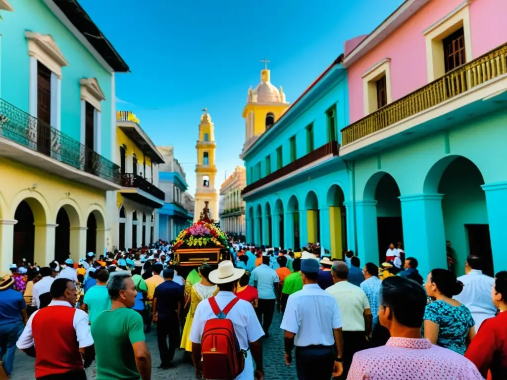 Una procesión colorida en Cuba, con la Virgen de la Caridad del Cobre siendo llevada por las calles