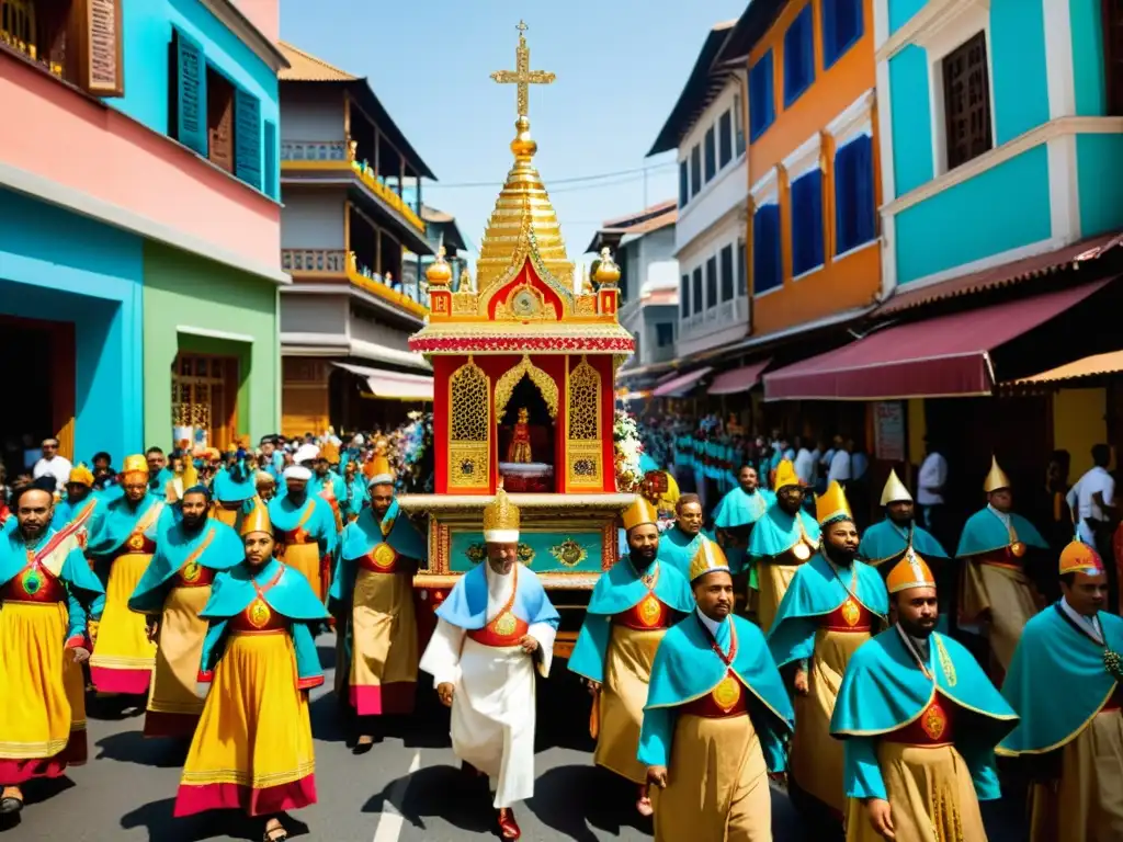 Una procesión religiosa colorida y diversa en una ciudad, capturando la colección de arte religioso y la diversidad cultural