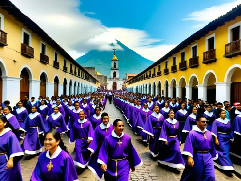 Procesión solemne en Antigua Guatemala durante Semana Santa Procesiones Semana Santa Antigua Guatemala: Solemne procesión con personas vestidas con túnicas moradas, calles empedradas y arquitectura colonial
