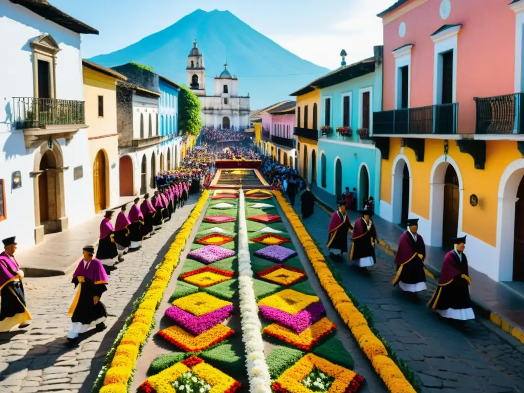 Procesión solemne en Antigua, Guatemala: Semana Santa en 8k Procesiones de Semana Santa en Antigua Guatemala: Devotos en procesión con alfombras florales y pasos religiosos bajo arcos coloniales
