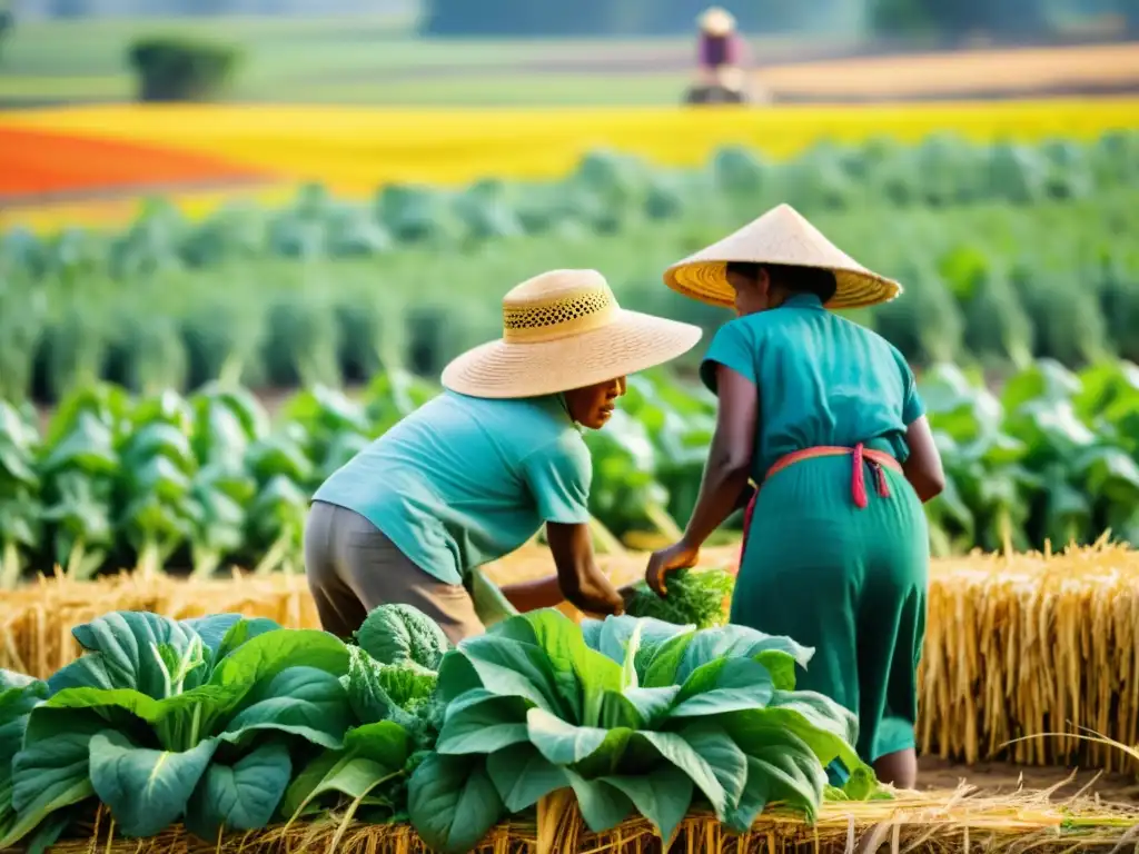 Una radiante escena de agricultores locales cosechando vegetales maduros en un campo exuberante