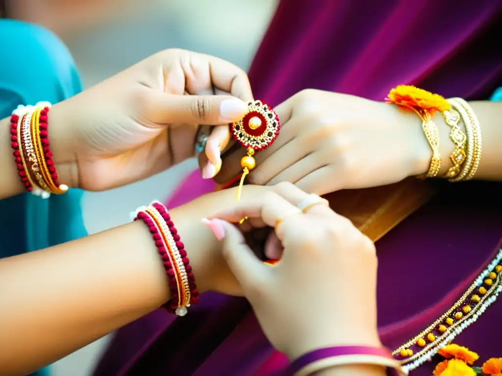 Durante la Raksha Bandhan celebración, una hermana ata un sagrado Rakhi en la muñeca de su hermano, simbolizando el vínculo especial entre hermanos