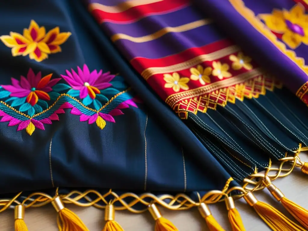 Un rebozo mexicano de seda negra finamente bordado en rojo, morado y dorado