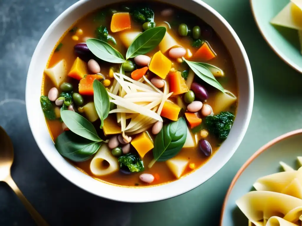 Un reconfortante tazón de sopa minestrone italiana, con vibrantes colores y texturas de verduras, frijoles y pasta, coronado con queso parmesano