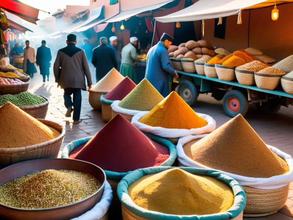 Recorrido gastronómico por Marruecos en el bullicioso mercado al aire libre de Marrakech, con especias coloridas, regateos, y el cálido resplandor del sol poniente sobre las antiguas callejuelas llenas de vendedores y delicias tradicionales