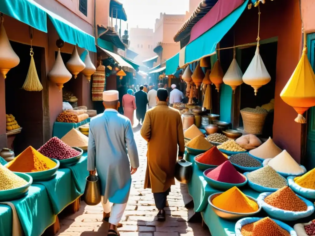 Recorrido gastronómico por Marruecos: Un bullicioso zoco marroquí lleno de especias, frutas secas y cerámica tradicional, con locales regateando y conversando animadamente en medio del caos vibrante