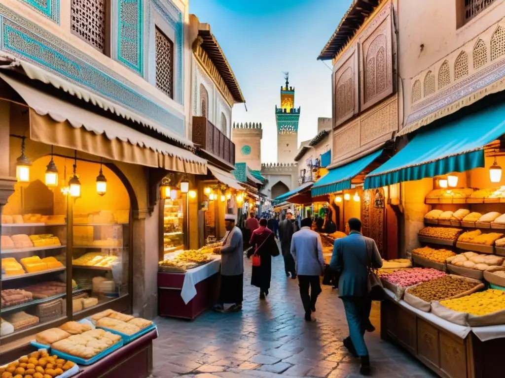 Recorrido gastronómico por Marruecos: Colorido mercado callejero en Fez con pastelerías tradicionales y ambiente cultural